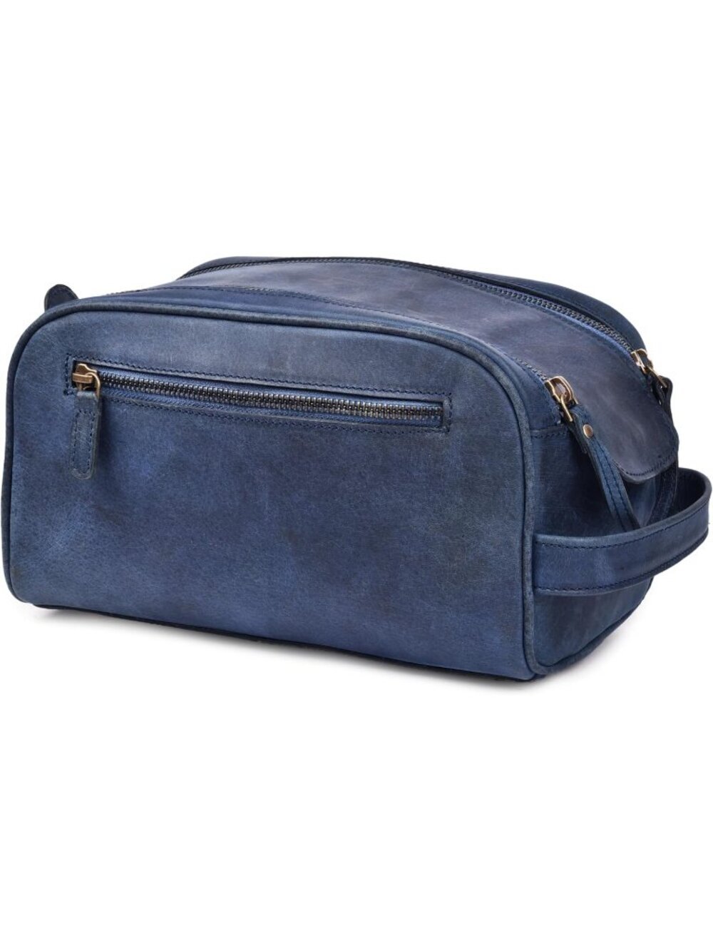 Men's Blue Premium Leather Toiletry Travel with Waterproof Lining YKK Zippers
